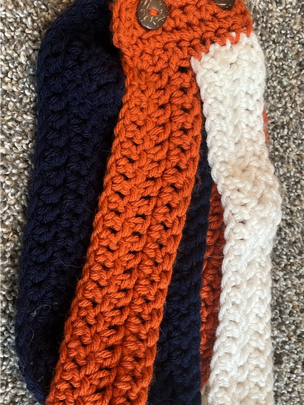 Handmade Crocheted women’s Headband Trio — Navy, Orange & Cream